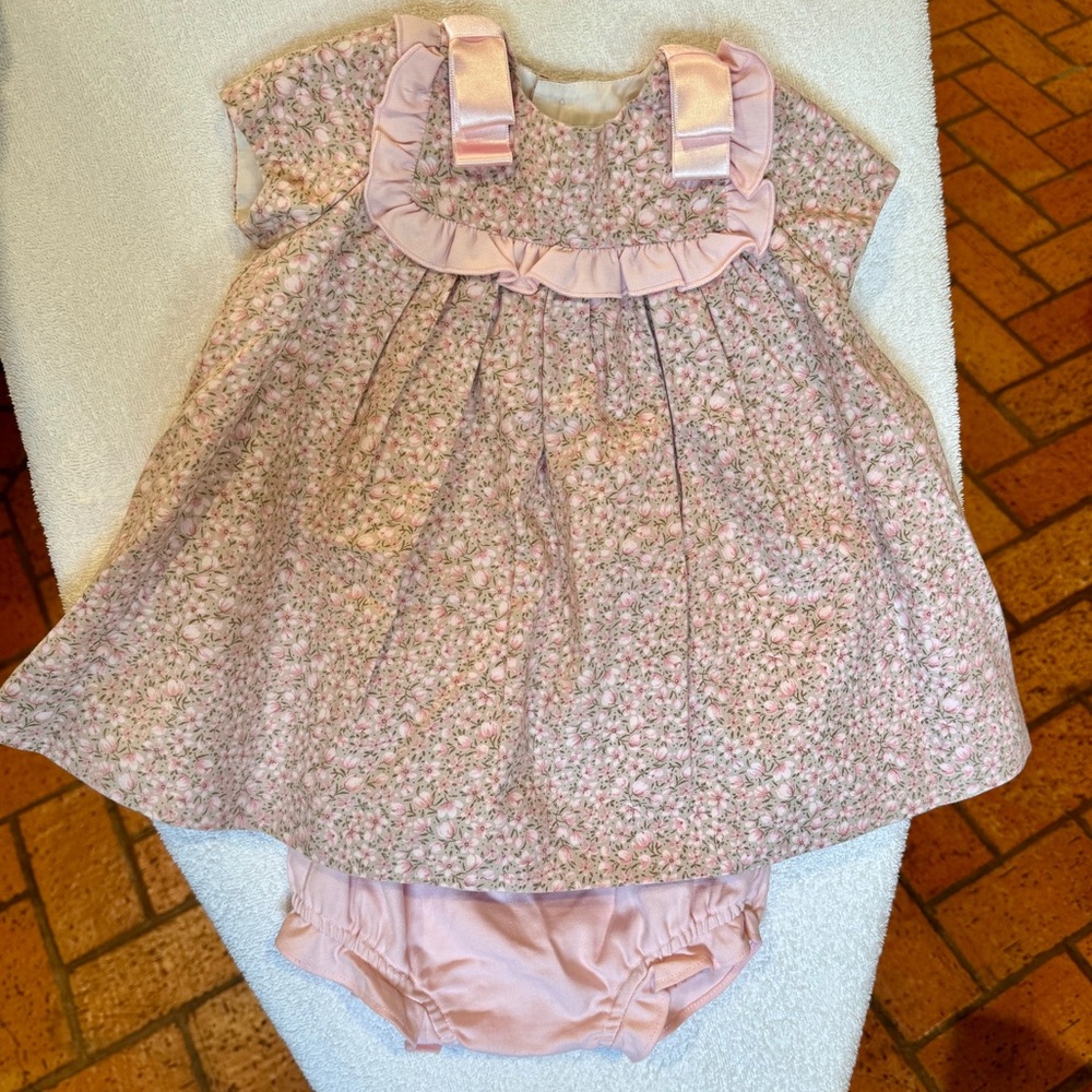 Luli & Me - Beige/Tan Dress w/Pink Flowers - Size: 9M
